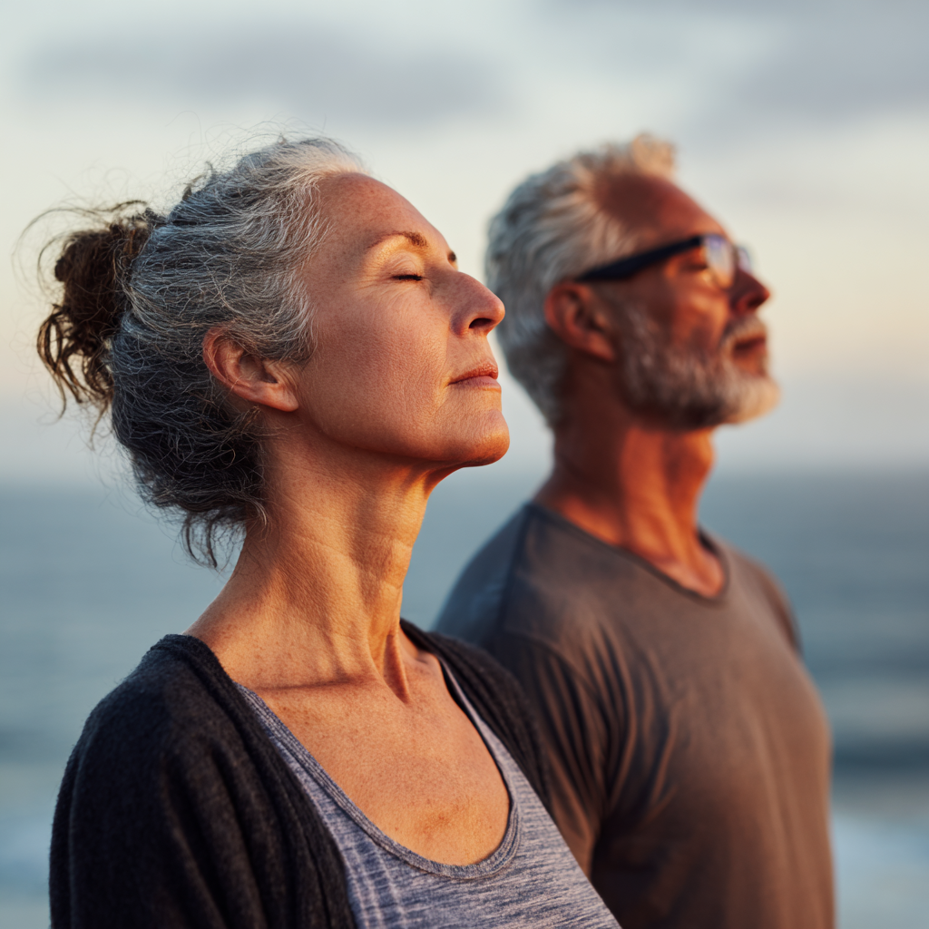 Middle-aged adults practicing mindful breathing in peaceful setting