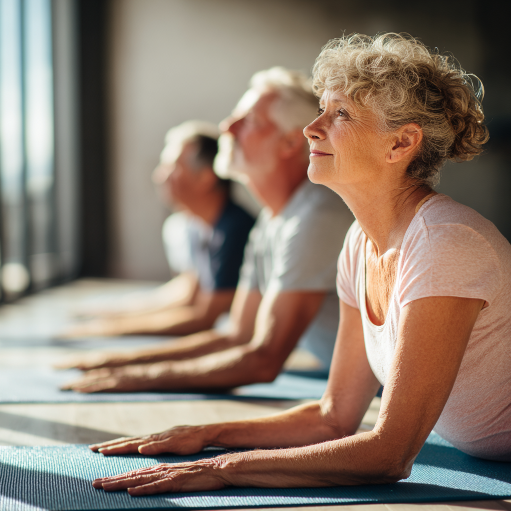 Older adults practicing gentle yoga poses on mats in natural lighting